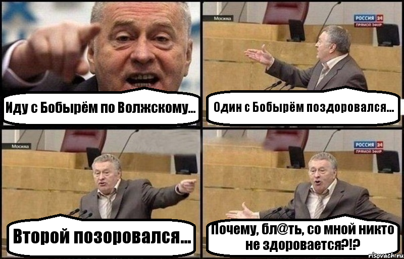 Иду с Бобырём по Волжскому... Один с Бобырём поздоровался... Второй позоровался... Почему, бл@ть, со мной никто не здоровается?!?, Комикс Жириновский