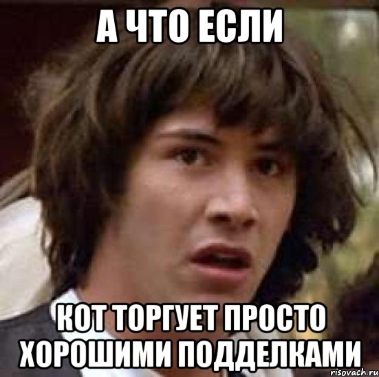 А ЧТО ЕСЛИ КОТ ТОРГУЕТ ПРОСТО ХОРОШИМИ ПОДДЕЛКАМИ, Мем А что если (Киану Ривз)