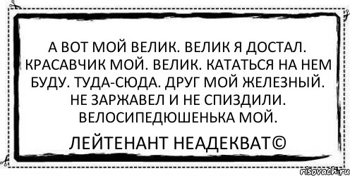 А вот мой велик. Велик я достал. Красавчик мой. Велик. Кататься на нем буду. Туда-сюда. Друг мой железный. Не заржавел и не спиздили. Велосипедюшенька мой. Лейтенант Неадекват©, Комикс Асоциальная антиреклама