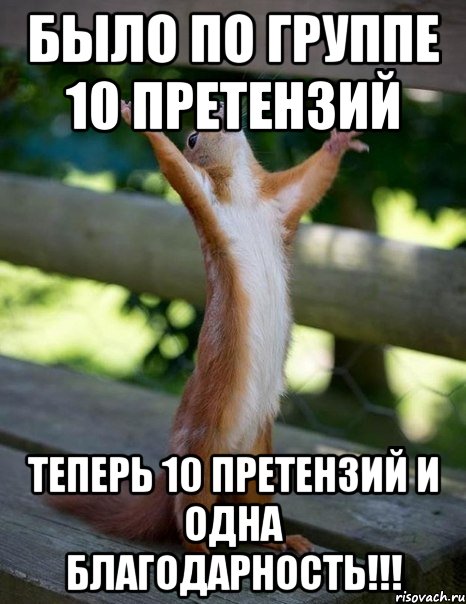 Было по группе 10 претензий Теперь 10 претензий и одна благодарность!!!, Мем    белка молится