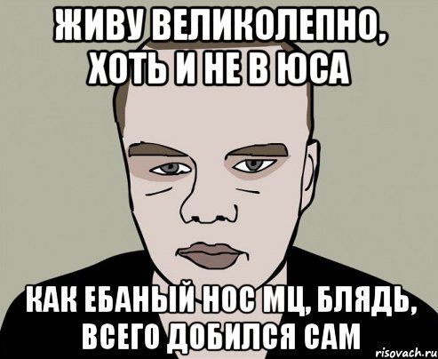 живу великолепно, хоть и не в ЮСА как ебаный нос мц, блядь, всего добился сам
