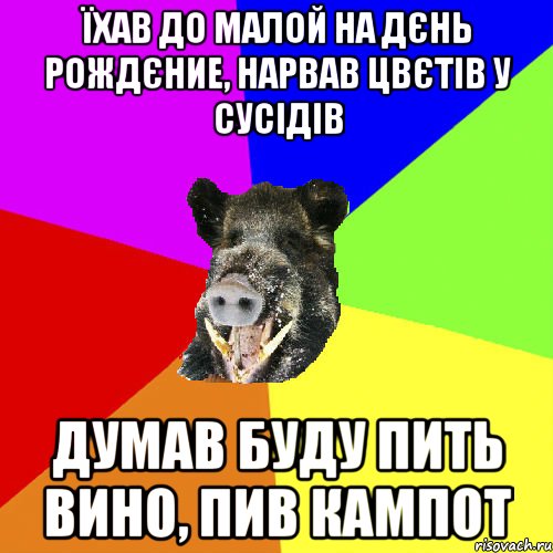 їхав до малой на дєнь рождєние, нарвав цвєтів у сусідів думав буду пить вино, пив кампот
