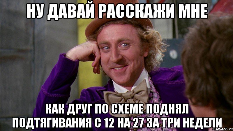 Ну давай расскажи мне Как друг по схеме поднял подтягивания с 12 на 27 за три недели, Мем Ну давай расскажи (Вилли Вонка)