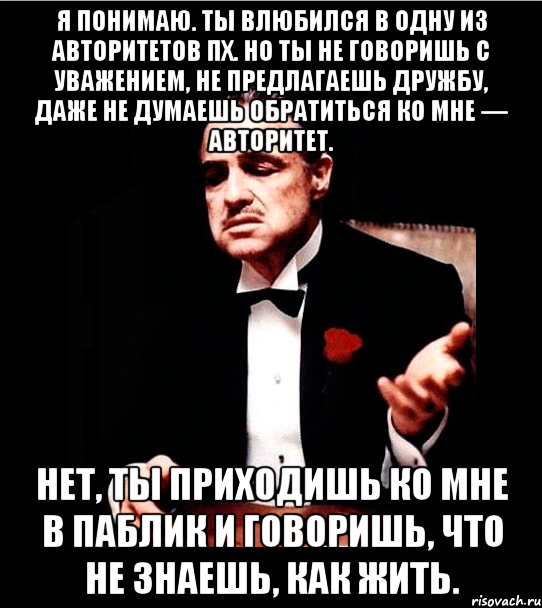 Я понимаю. Ты влюбился в одну из авторитетов пх. Но ты не говоришь с уважением, не предлагаешь дружбу, даже не думаешь обратиться ко мне — авторитет. Нет, ты приходишь ко мне в паблик и говоришь, что не знаешь, как жить.