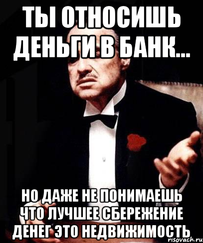 ты относишь деньги в банк... Но даже не понимаешь что лучшее сбережение денег это недвижимость, Мем ты делаешь это без уважения