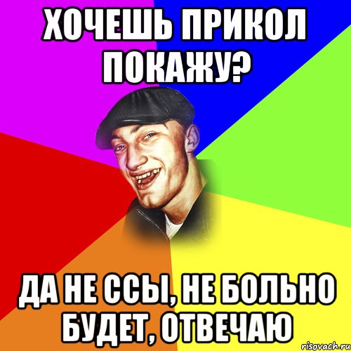 Хочешь прикол покажу? Да не ссы, не больно будет, отвечаю, Мем ДЕРЗКИЙ БЫДЛОМЁТ