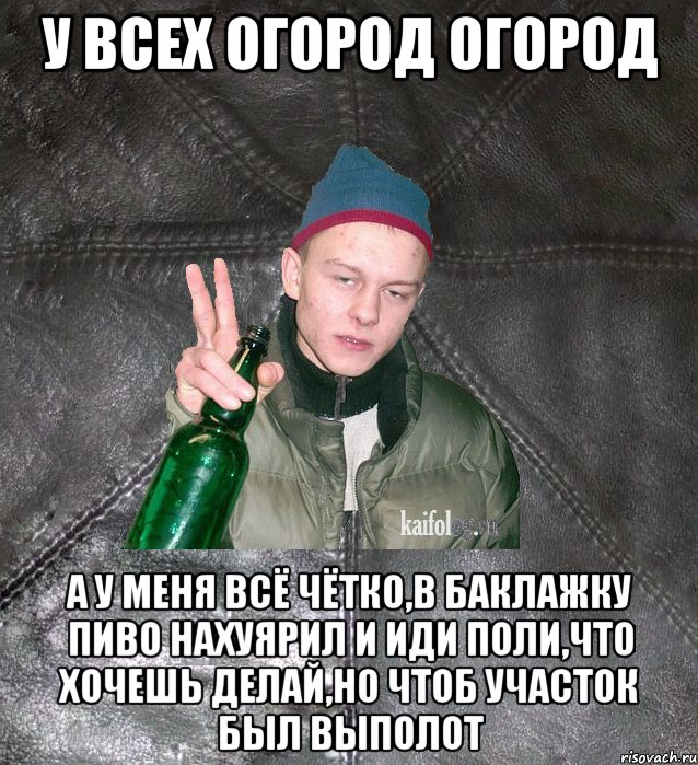 у всех огород огород а у меня всё чётко,в баклажку пиво нахуярил и иди поли,что хочешь делай,но чтоб участок был выполот, Мем Дерзкий