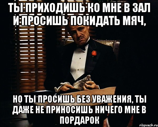 ты приходишь ко мне в зал и просишь покидать мяч, но ты просишь без уважения, ты даже не приносишь ничего мне в пордарок, Мем Дон Вито Корлеоне