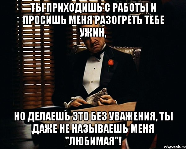 Ты приходишь с работы и просишь меня разогреть тебе ужин, Но делаешь это без уважения, Ты даже не называешь меня "любимая"!, Мем Дон Вито Корлеоне