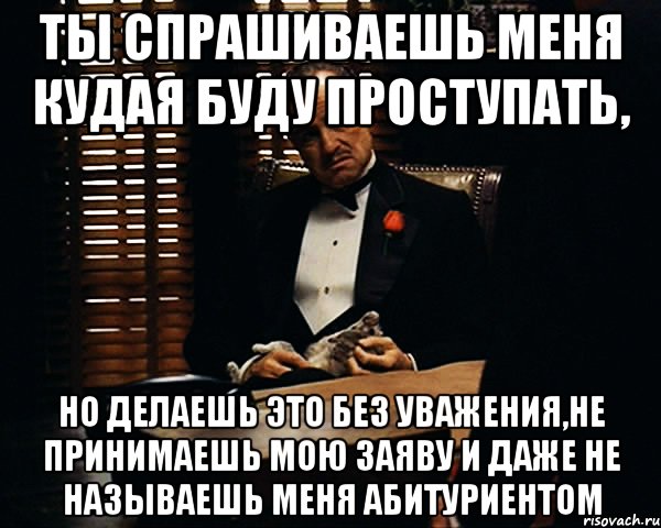 ты спрашиваешь меня кудая буду проступать, но делаешь это без уважения,не принимаешь мою заяву и даже не называешь меня абитуриентом, Мем Дон Вито Корлеоне