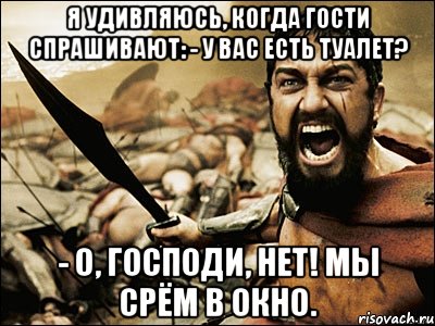 Я удивляюсь, когда гости спрашивают: - У Вас есть туалет? - О, ГОСПОДИ, НЕТ! МЫ СРЁМ В ОКНО., Мем Это Спарта