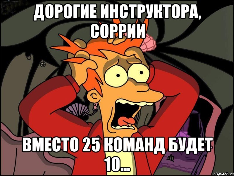 Дорогие инструктора, соррии вместо 25 команд будет 10…, Мем Фрай в панике