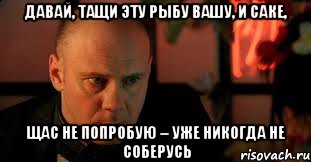 давай, тащи эту рыбу вашу, и саке, щас не попробую – уже никогда не соберусь