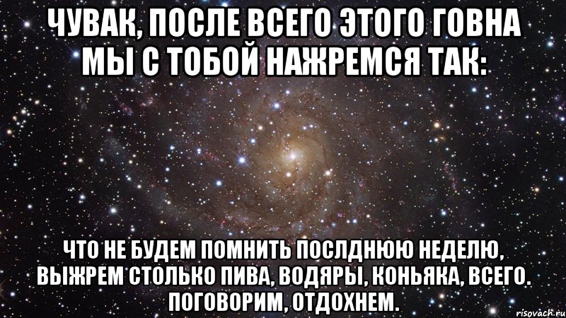 Чувак, после всего этого говна мы с тобой нажремся так: что не будем помнить послднюю неделю, выжрем столько пива, водяры, коньяка, всего. Поговорим, отдохнем., Мем  Космос (офигенно)