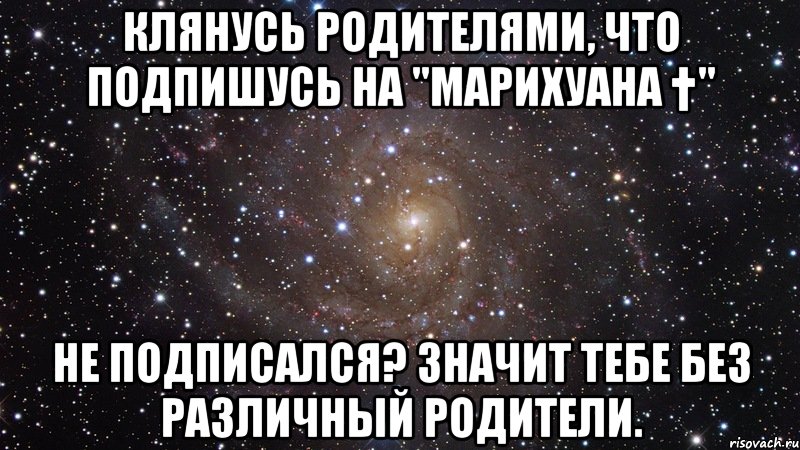 Клянусь родителями, что подпишусь на "МАРИХУАНА †" Не подписался? Значит тебе без различный родители., Мем  Космос (офигенно)