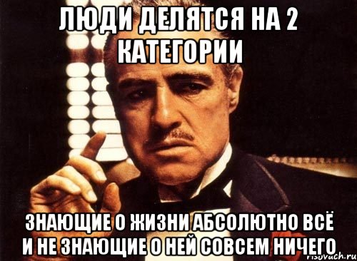 Люди делятся на 2 категории Знающие о жизни абсолютно всё и не знающие о ней совсем ничего, Мем крестный отец