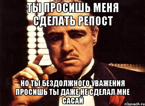 ТЫ ПРОСИШЬ МЕНЯ СДЕЛАТЬ РЕПОСТ НО ТЫ БЕЗДОЛЖНОГО УВАЖЕНИЯ ПРОСИШЬ ТЫ ДАЖЕ НЕ СДЕЛАЛ МНЕ САСАЙ, Мем крестный отец