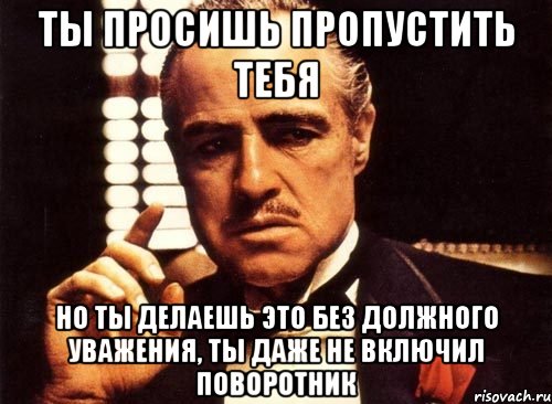 ты просишь пропустить тебя но ты делаешь это без должного уважения, ты даже не включил поворотник, Мем крестный отец