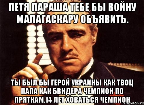 Петя параша тебе бы войну малагаскару объявить. Ты был бы герой украины как твоц папа как бвндера чемпион по пряткам.14 лет ховаться чемпион, Мем крестный отец