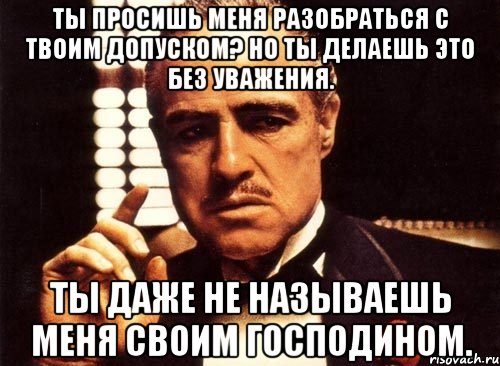 ты просишь меня разобраться с твоим допуском? Но ты делаешь это без уважения. Ты даже не называешь меня своим господином., Мем крестный отец