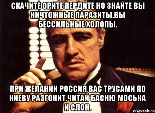 Скачите орите пердите но знайте вы ничтожные паразиты.вы бессильные холопы. При желании россия вас трусами по киеву разгонит.читай басню моська и слон., Мем крестный отец