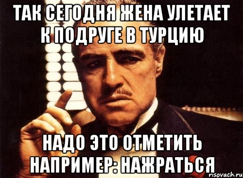 Так сегодня жена улетает к подруге в Турцию Надо это отметить Например: НАЖРАТЬСЯ, Мем крестный отец