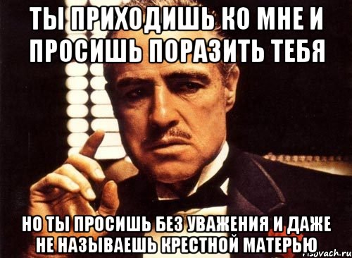 ты приходишь ко мне и просишь поразить тебя но ты просишь без уважения и даже не называешь крестной матерью, Мем крестный отец