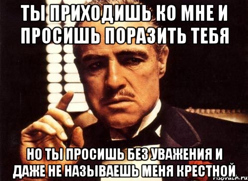 ты приходишь ко мне и просишь поразить тебя но ты просишь без уважения и даже не называешь меня крестной, Мем крестный отец