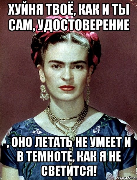 Хуйня твоё, как и ты сам, удостоверение , оно летать не умеет и в темноте, как я не светится!, Мем Magdalena Carmen Frieda Kahlo Ca
