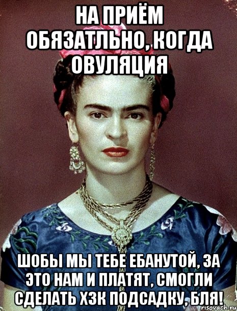 На приём обязатльно, когда овуляция Шобы мы тебе ебанутой, за это нам и платят, смогли сделать ХЗК подсадку, бля!