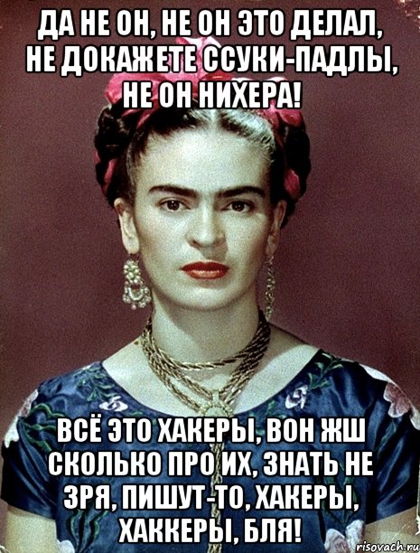Да не он, не он это делал, не докажете ссуки-падлы, не он нихера! Всё это хакеры, вон жш сколько про их, знать не зря, пишут-то, хакеры, хаккеры, бля!