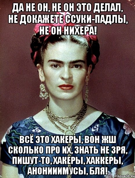 Да не он, не он это делал, не докажете ссуки-падлы, не он нихера! Всё это хакеры, вон жш сколько про их, знать не зря, пишут-то, хакеры, хаккеры, анонииимусы, бля!