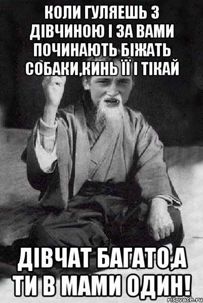 коли гуляешь з дівчиною і за вами починають біжать собаки,кинь її і тікай Дівчат багато,а ти в мами один!, Мем Мудрий паца