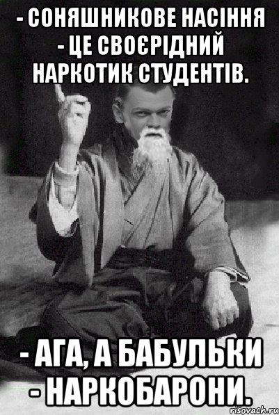 - Соняшникове насіння - це своєрідний наркотик студентів. - Ага, а бабульки - наркобарони., Мем Мудрий Виталька