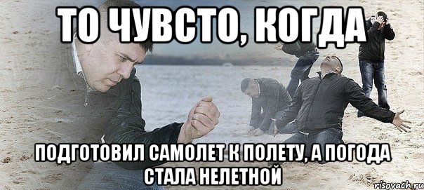 То чувсто, когда подготовил самолет к полету, а погода стала нелетной, Мем Мужик сыпет песок на пляже