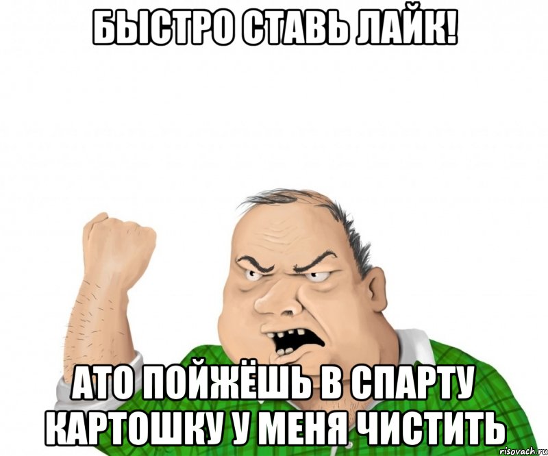 БЫСТРО СТАВЬ ЛАЙК! АТО ПОЙЖЁШЬ В СПАРТУ КАРТОШКУ У МЕНЯ ЧИСТИТЬ, Мем мужик