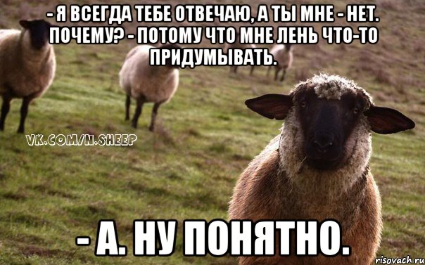 - Я всегда тебе отвечаю, а ты мне - нет. Почему? - Потому что мне лень что-то придумывать. - А. Ну понятно., Мем  Наивная Овца