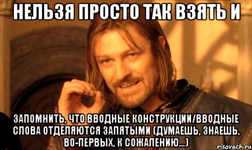 Нельзя просто так взять и запомнить, что вводные конструкции/вводные слова отделяются запятыми (думаешь, знаешь, во-первых, к сожалению...), Мем Нельзя просто так взять и (Боромир мем)