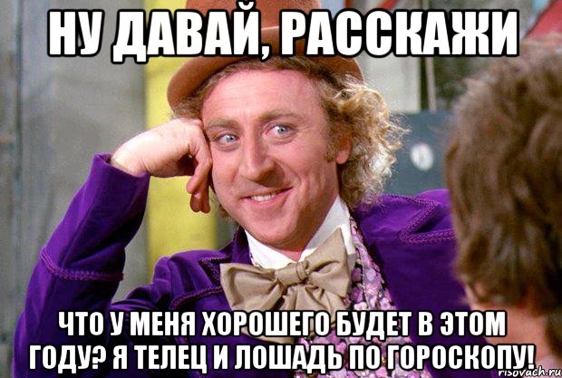 Ну давай, расскажи что у меня хорошего будет в этом году? Я телец и лошадь по гороскопу!, Мем Ну давай расскажи (Вилли Вонка)