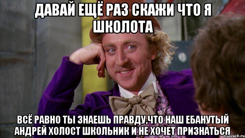 давай ещё раз скажи что я школота всё равно ты знаешь правду,что наш ебанутый Андрей Холост школьник и не хочет признаться, Мем Ну давай расскажи (Вилли Вонка)