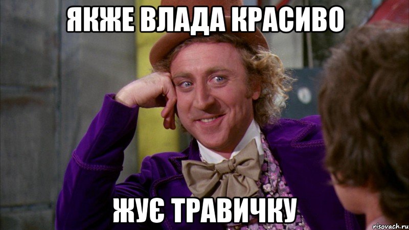 ЯКЖЕ ВЛАДА КРАСИВО ЖУЄ ТРАВИЧКУ, Мем Ну давай расскажи (Вилли Вонка)
