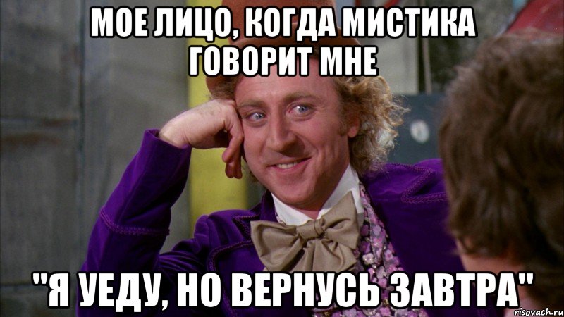 Мое лицо, когда Мистика говорит мне "Я уеду, но вернусь завтра", Мем Ну давай расскажи (Вилли Вонка)