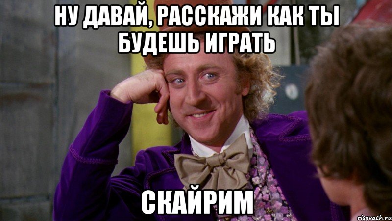 Ну давай, расскажи как ты будешь играть СКАЙРИМ, Мем Ну давай расскажи (Вилли Вонка)