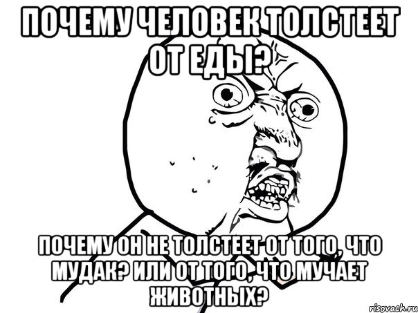 Почему человек толстеет от еды? Почему он не толстеет от того, что мудак? Или от того, что мучает животных?, Мем Ну почему (белый фон)