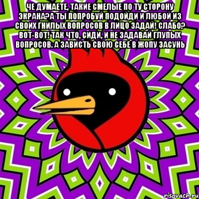 че думаете, такие смелые по ту сторону экрана?а ты попробуй подойди и любой из своих гнилых вопросов в лицо задай! слабо? вот-вот! так что, сиди, и не задавай глупых вопросов. а зависть свою себе в жопу засунь , Мем Омская птица