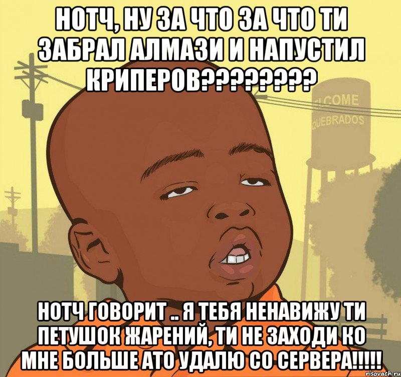 Нотч, ну за что за что ти забрал алмази и напустил криперов???????? Нотч говорит .. Я тебя ненавижу ти петушок жарений, ти не заходи ко мне больше ато удалю со сервера!!!!!, Мем Пацан наркоман