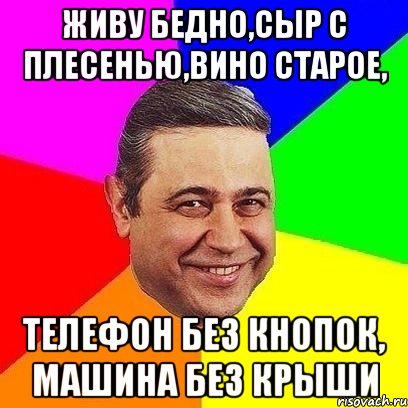 живу бедно,сыр с плесенью,вино старое, телефон без кнопок, машина без крыши, Мем Петросяныч