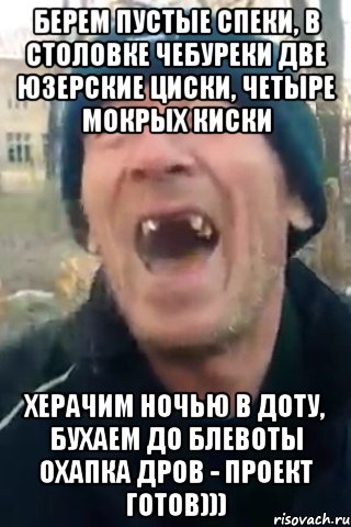 Берем пустые спеки, в столовке чебуреки две юзерские циски, четыре мокрых киски херачим ночью в доту, бухаем до блевоты охапка дров - проект готов)))