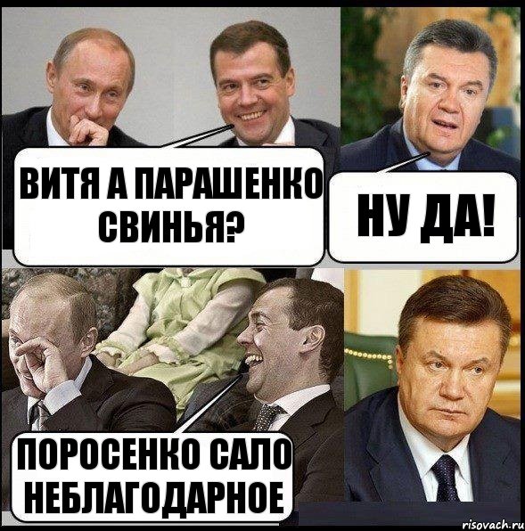Витя а Парашенко свинья? Ну да! Поросенко сало неблагодарное, Комикс  Разговор Януковича с Путиным и Медведевым