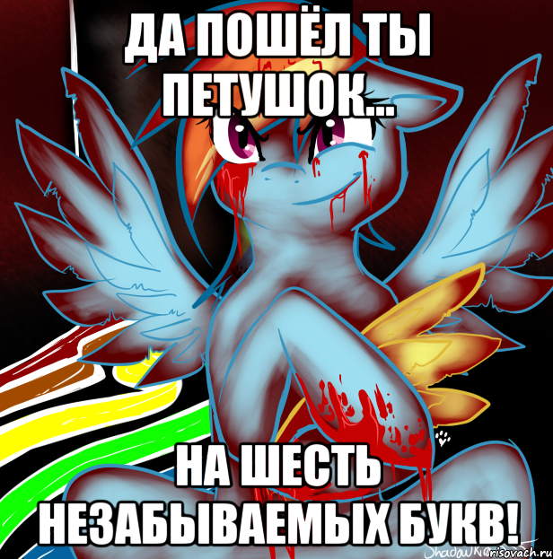 ДА ПОШЁЛ ТЫ ПЕТУШОК... НА ШЕСТЬ НЕЗАБЫВАЕМЫХ БУКВ!, Мем RAINBOW FACTORY DASH